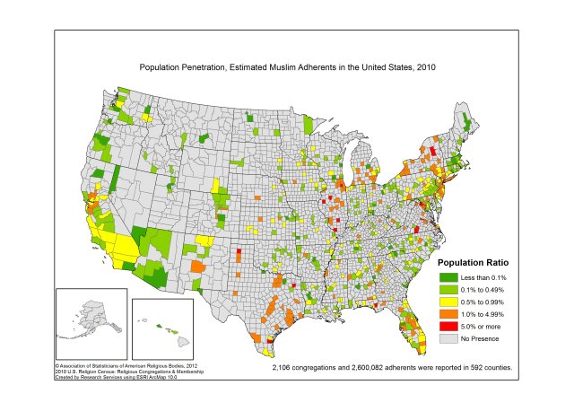 A map showing the Muslim population of the United States.